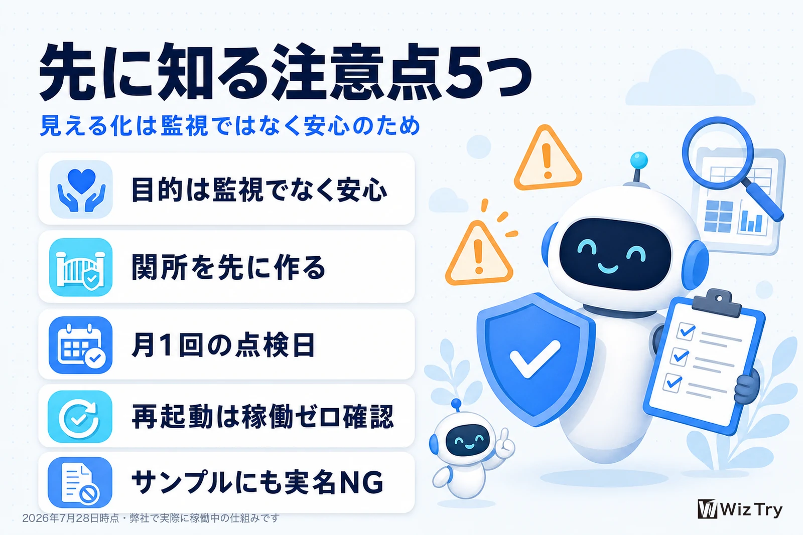 先に知っておきたい注意点5つの図。目的は監視でなく安心、関所を先に作る、月1回の点検日、再起動は稼働ゼロ確認、サンプルにも実名NG
