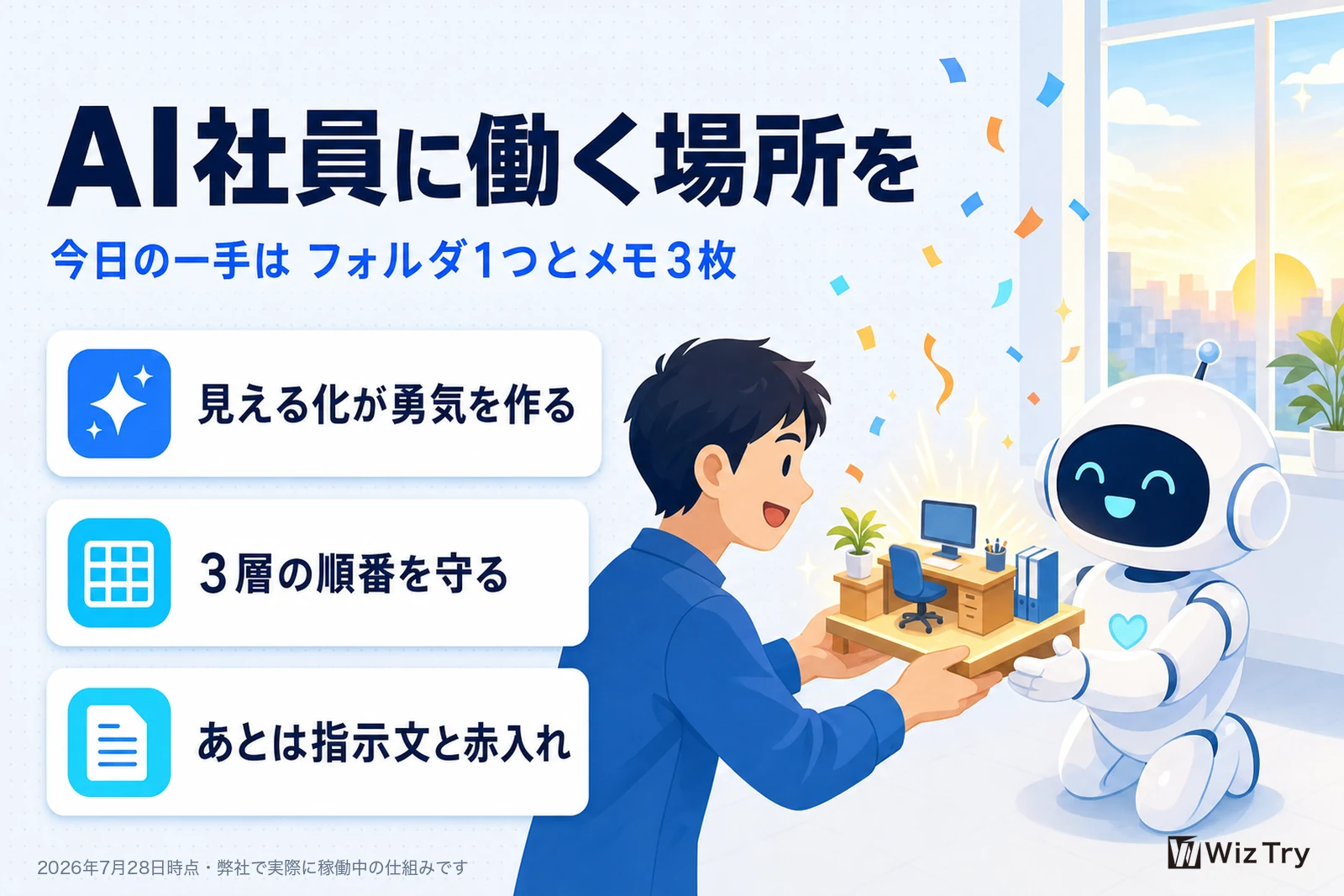 全体のまとめ図。見える化が勇気を作る、3層の順番を守る、あとは指示文と赤入れの3点