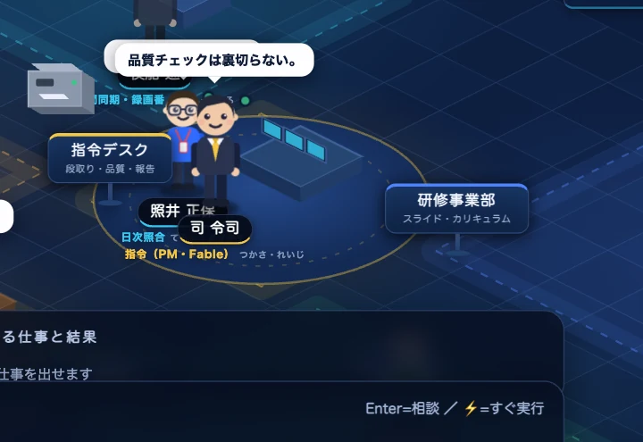 指令デスク周りの実画面。司令司と照井正保が3画面のコマンドステーションに立ち、AI社員のつぶやきの吹き出しが表示されている