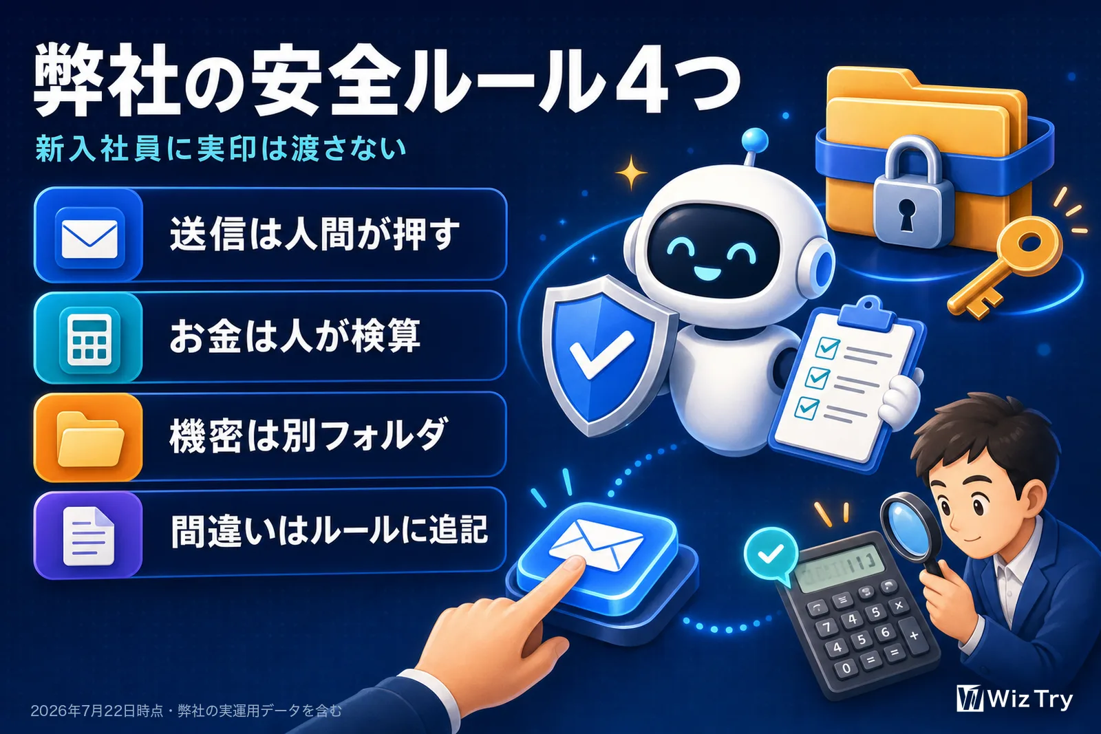 弊社の安全ルール4つ。送信は人間が押す、お金は人が検算、機密は別フォルダ、間違いはルールに追記。新入社員に実印は渡さない