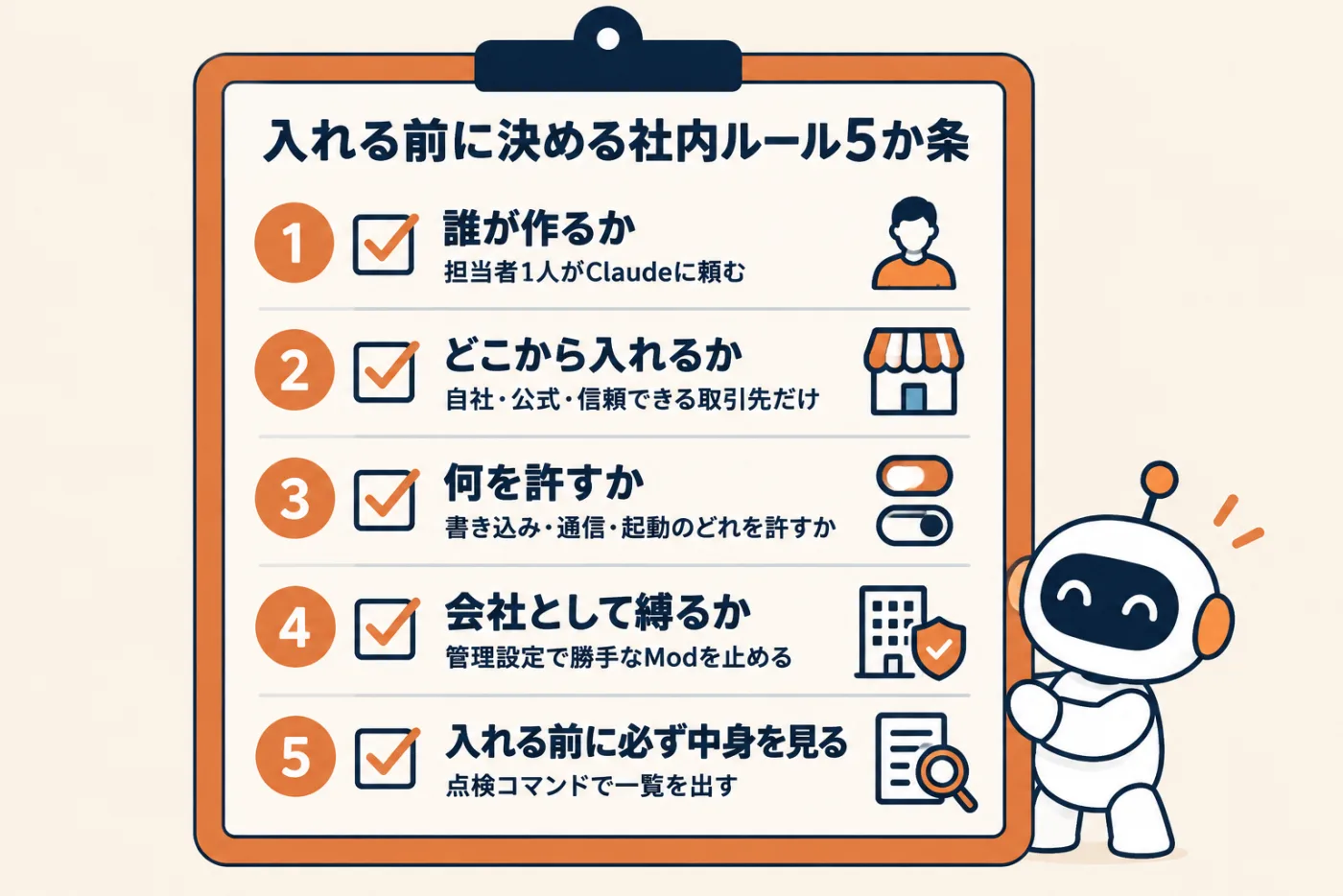 社内ルール5か条。1 誰が作るか、2 どこから入れるか、3 何を許すか、4 会社として縛るか、5 入れる前に必ず中身を見る