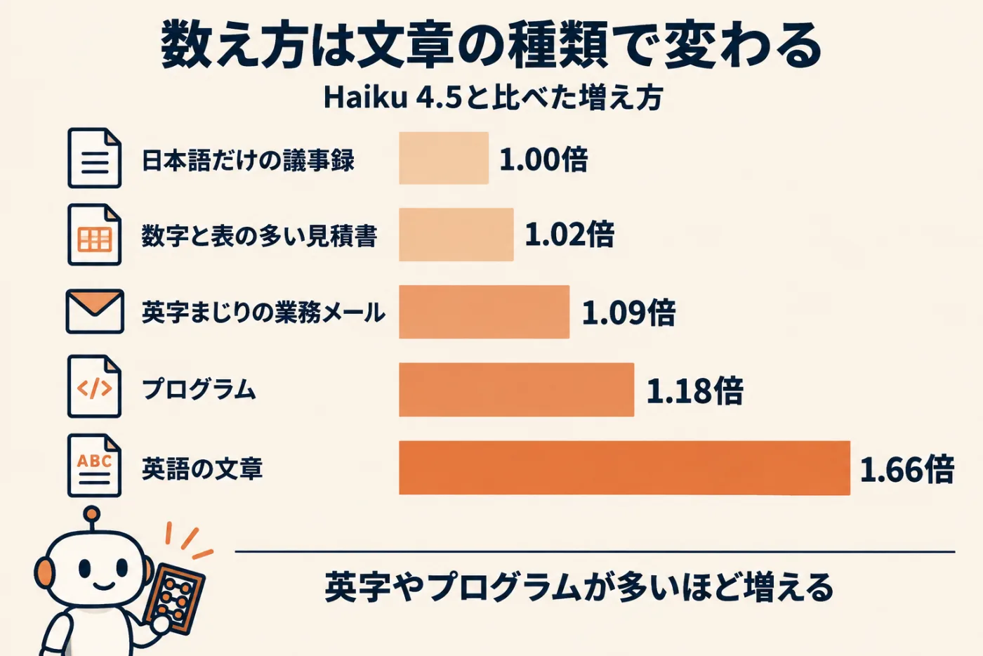 文章の種類で変わるトークンの数え方。Haiku 4.5と比べて、日本語だけの議事録は1.00倍、見積書は1.02倍、英字まじりの業務メールは1.09倍、プログラムは1.18倍、英語は1.66倍。英字やプログラムが多いほど増える