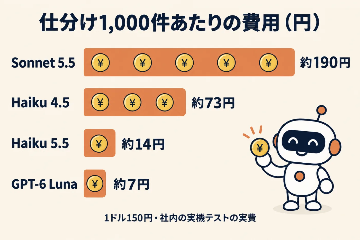 仕分け1,000件あたりの費用。Haiku 5.5は約14円、GPT-6 Lunaは約7円、Haiku 4.5は約73円、Sonnet 5.5は約190円。1ドル150円、社内の実機テストの実費