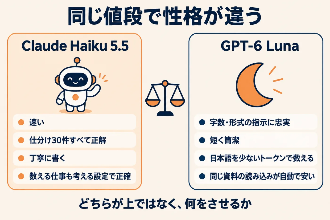 同じ値段で性格が違う。Haiku 5.5は速い、仕分け30件すべて正解、丁寧に書く、数える仕事も考える設定で正確。GPT-6 Lunaは字数や形式の指示に忠実、短く簡潔、日本語を少ないトークンで数える、同じ資料の読み込みが自動で安くなる