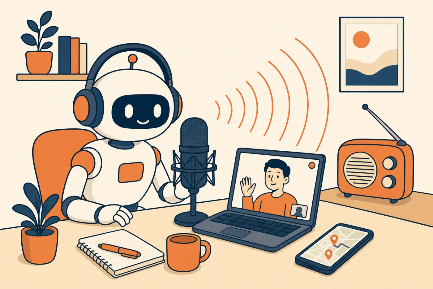 ラジオ番組にリモート出演する様子を描いたイラスト。白いロボットがヘッドホンをつけてマイクに向かい、ノートパソコンにはビデオ通話の画面、机の上のスマートフォンには地図が映っている