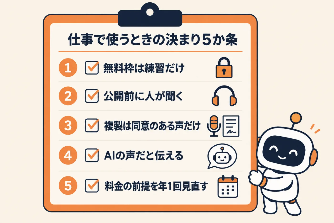 仕事で使うときの決まり5か条。1 無料枠は練習だけで社外秘と自分の声は有料枠、2 公開前に人が聞いて確かめる、3 声の複製は本人の同意がある声だけ、4 AIの音声だと伝えるべき場面では明らかにする、5 料金の前提を年に一度見直す