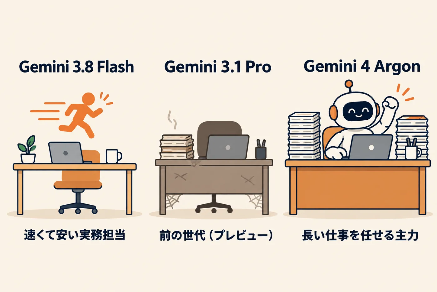 Geminiの3つのモデルの位置づけ。Gemini 4 Argonは大きな案件を最後まで任せる新しい主力、Gemini 3.1 Proは前の世代のベテランでプレビュー版のまま、Gemini 3.8 Flashは速くて安い実務担当で普段使い。この記事は3つを同じ仕事で比べる