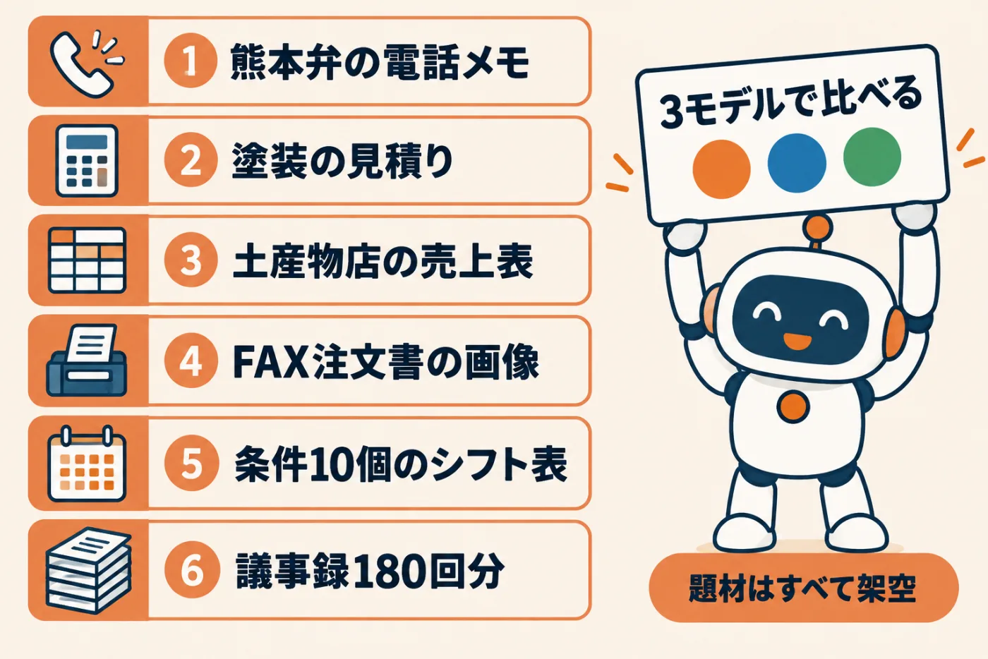 WizTryの社内テスト6題。熊本弁の電話メモを受付票に、塗装の見積り計算とメール、土産物店の月別売上表で5問、手書き風FAX注文書の画像を受注データに、条件10個のシフト表、議事録180回分から3問。Gemini 4 Argon・3.1 Pro・3.8 Flashの3つで比べた
