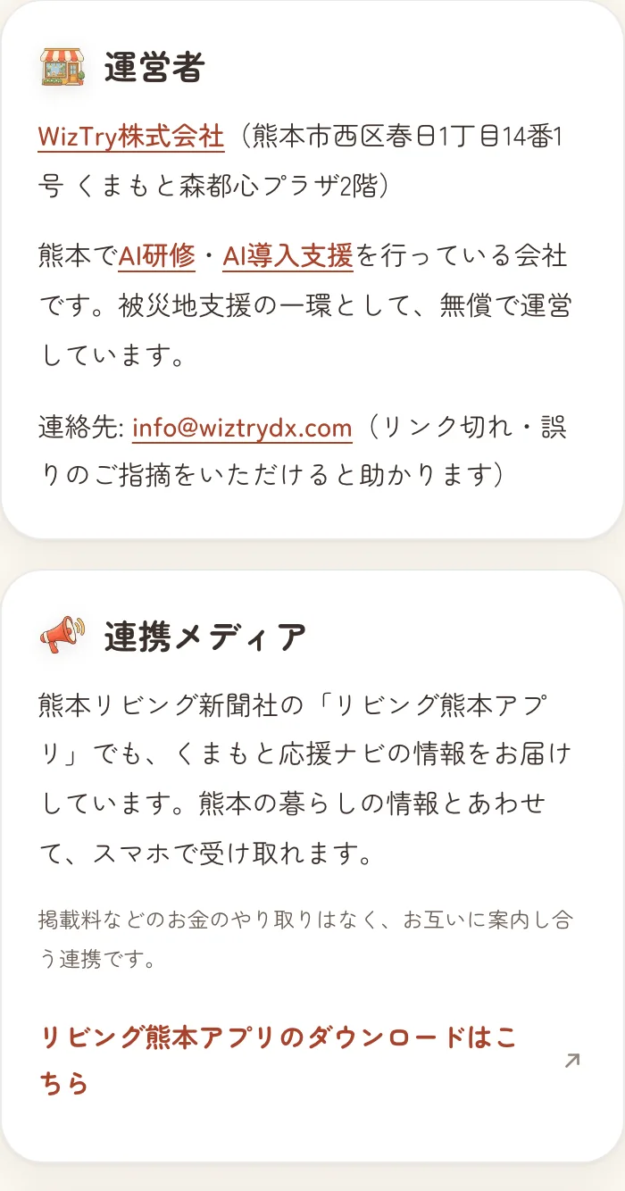 くまもと応援ナビの「このサイトについて」ページ。運営者WizTry株式会社の案内の下に「連携メディア」の欄があり、リビング熊本とリビング熊本アプリで紹介いただいていること、掲載料などのお金のやり取りはなくお互いに案内し合う連携であること、アプリのダウンロードはこちら、と書かれている