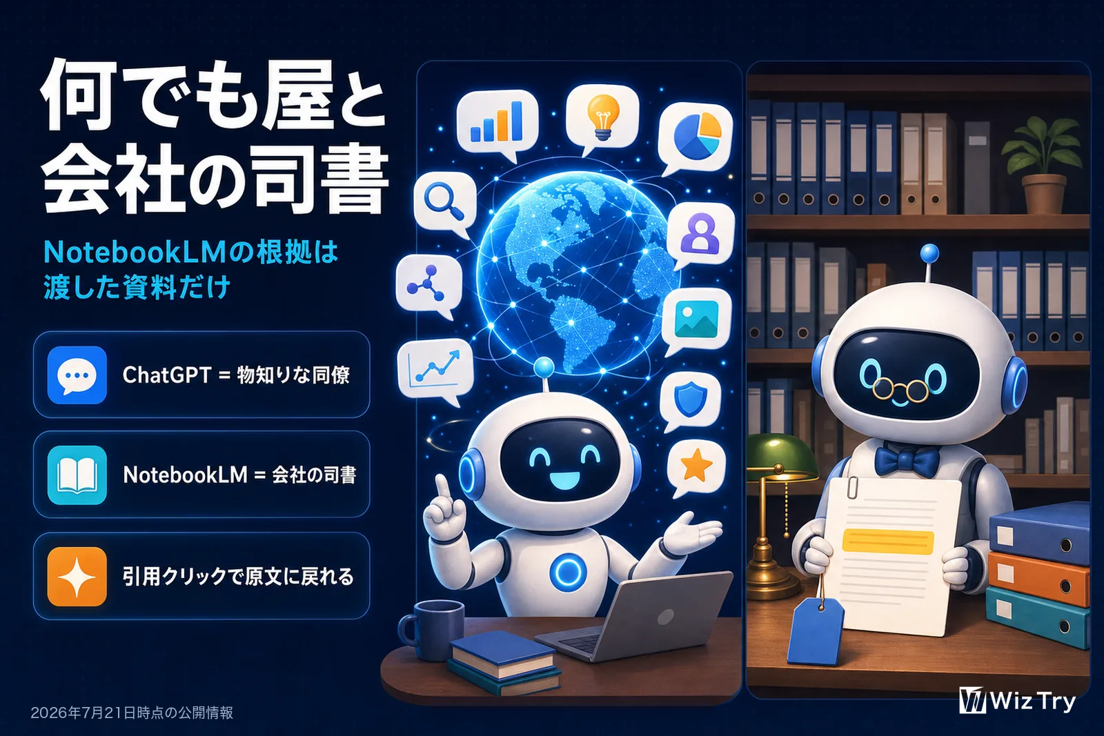 何でも答えるAIと資料だけで答えるAIの違い。ChatGPTは物知りな同僚、NotebookLMは会社の司書。引用クリックで原文に戻れる