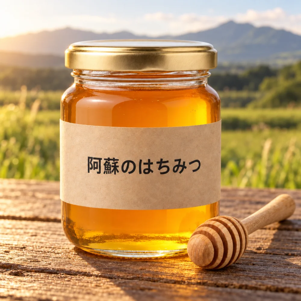 同じはちみつの瓶を、夕方の光の草原と山を背にした木のテーブルの上に置いた写真。瓶とラベルの文字はそのまま