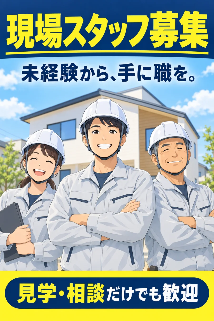 建設・電気工事会社の求人ポスターの作例。見出し「現場スタッフ募集」、未経験から、手に職を。、見学・相談だけでも歓迎。新築の家の前に作業服とヘルメット姿の3人