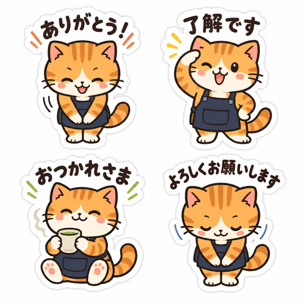 紺のエプロンをつけた茶トラの猫のスタンプ4種。ありがとう！、了解です、おつかれさま、よろしくお願いします