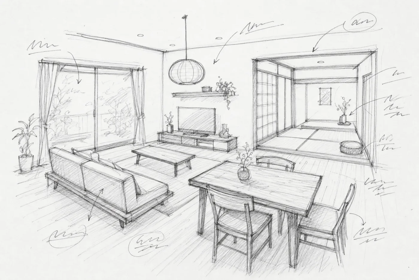 リビングのリフォーム案を鉛筆で描いた手描きのラフ。左に大きな窓、手前にソファとダイニングテーブル、右に小上がりの畳スペース